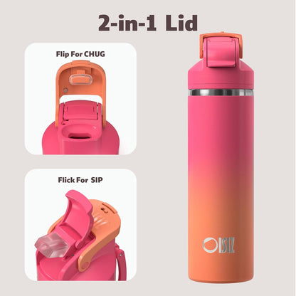 OISIZ Insulated Water Bottle - 24 oz Vacuum Stainless Steel with 2-in-1 Spout & Straw Lid | 100% Leakproof, Keeps Drinks Cold for 24 Hours