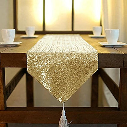 Gold Sequin Tassel Table Runner 12x48in - Wedding Decor (1pc) - Variation: Gold+12x48