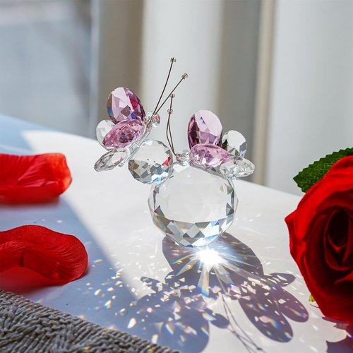 H&D Hyaline & Dora Pink Crystal Cut Butterfly Figurine - Handmade Art Glass Collectible Gift