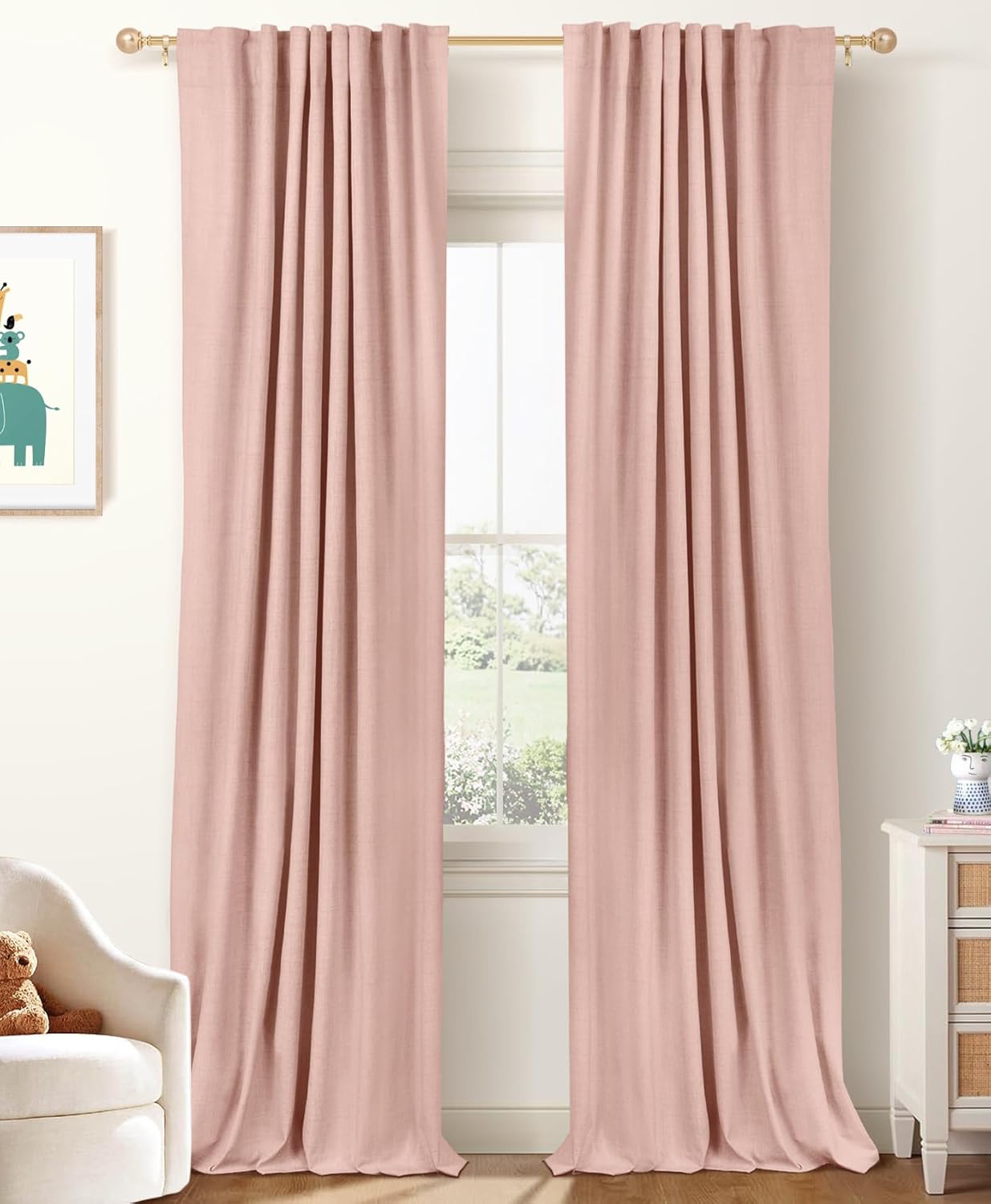 Skiennix 100% Blackout Linen Curtains - Thermal Insulated Drapes for Bedroom | 50" W x 90" L, Blush Pink
