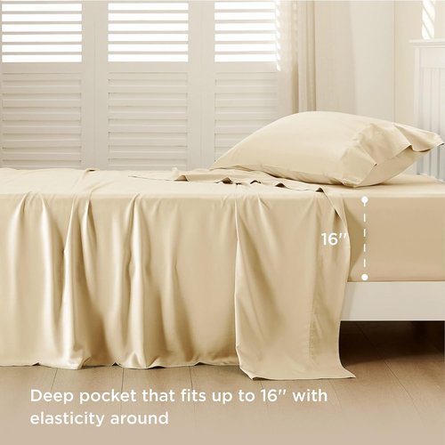 Bedsure Cooling Twin Sheets - Breathable Rayon from Bamboo, Deep Pocket Up to 16 Inches, Soft & Silky Alabaster Gleam