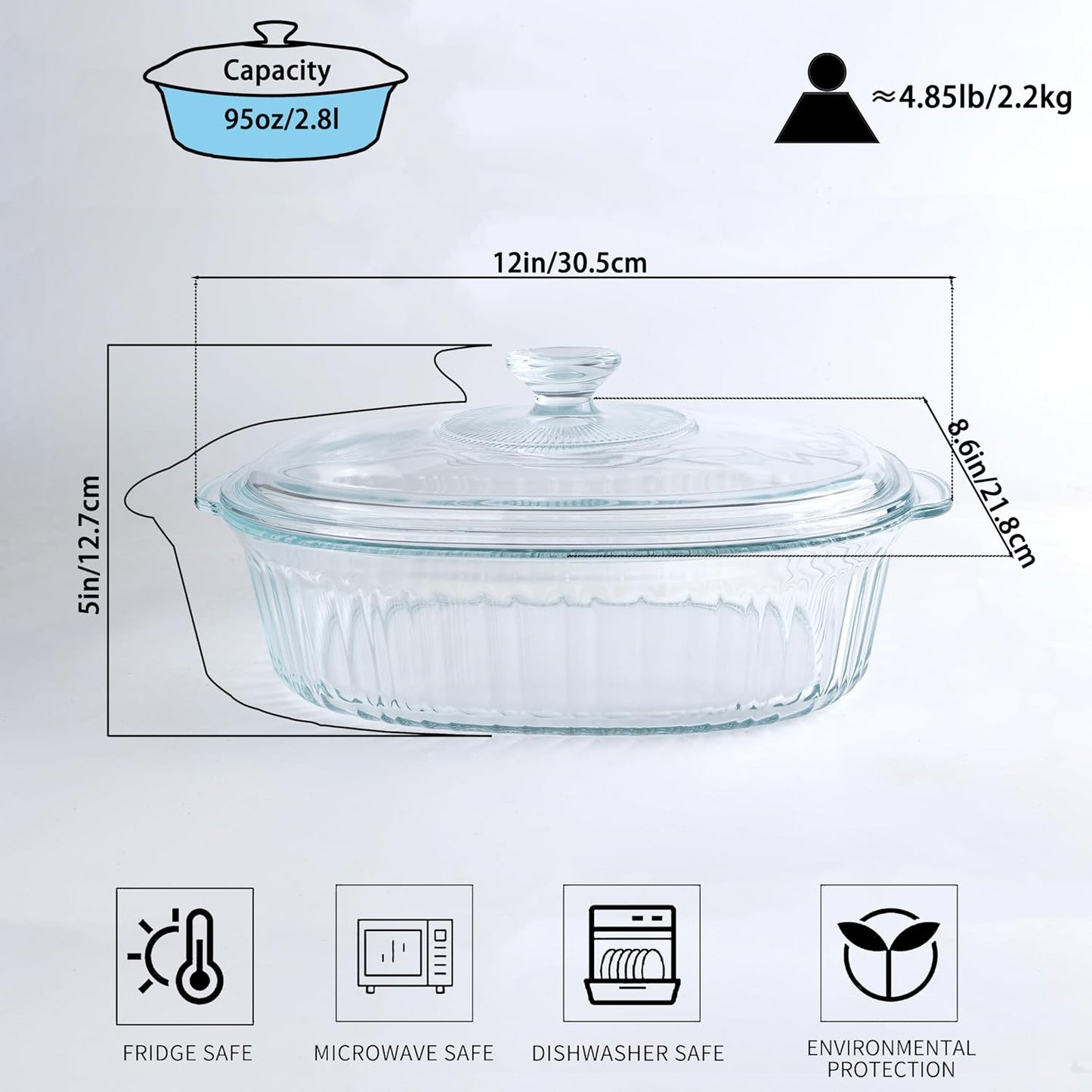 Clear Oval Glass Casserole Dish With Lid - 3Qt Baking Dish for Oven | Durable Cookware for Cooking & Serving