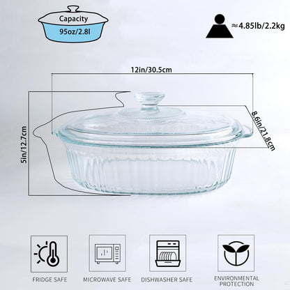 Clear Oval Glass Casserole Dish With Lid - 3Qt Baking Dish for Oven | Durable Cookware for Cooking & Serving