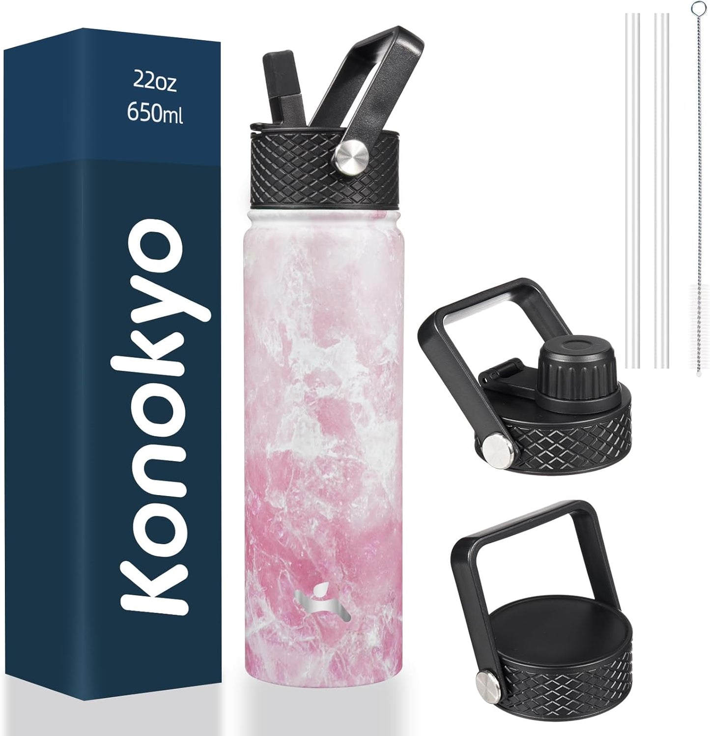 Skiennix 22oz Stainless Steel Water Bottle - Insulated with 3 Lids | Marble Blossom Design