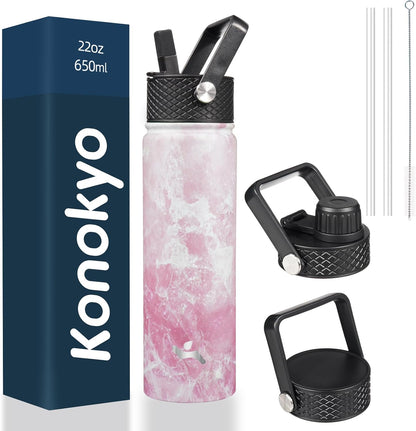Skiennix 22oz Stainless Steel Water Bottle - Insulated with 3 Lids | Marble Blossom Design