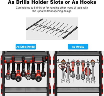 JUNNUJ Power Tool Organizer Cart - Heavy Duty Rolling Storage with Charging Station | Red