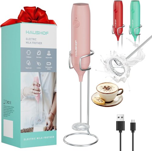 HAUSHOF Rechargeable Milk Frother Wand - Handheld Electric Foam Maker with Stand & Stainless Steel Whisk | Pink