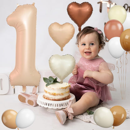 Biapian 40-Inch Light Brown Number 1 Balloon - Caramel & Cream Foil Heart for 1st Birthday Decor