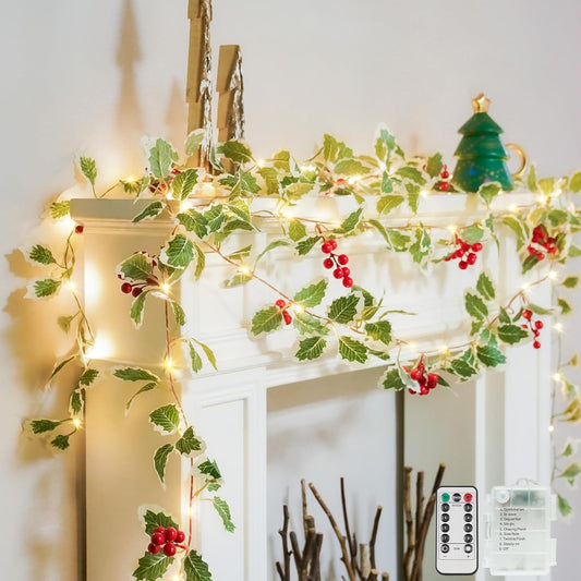 Suddus 40 LED Christmas Fairy Lights - Battery Powered 12.5ft Vine String Lights with Red Berries & Holly Leaf | Perfect for Holiday Decor