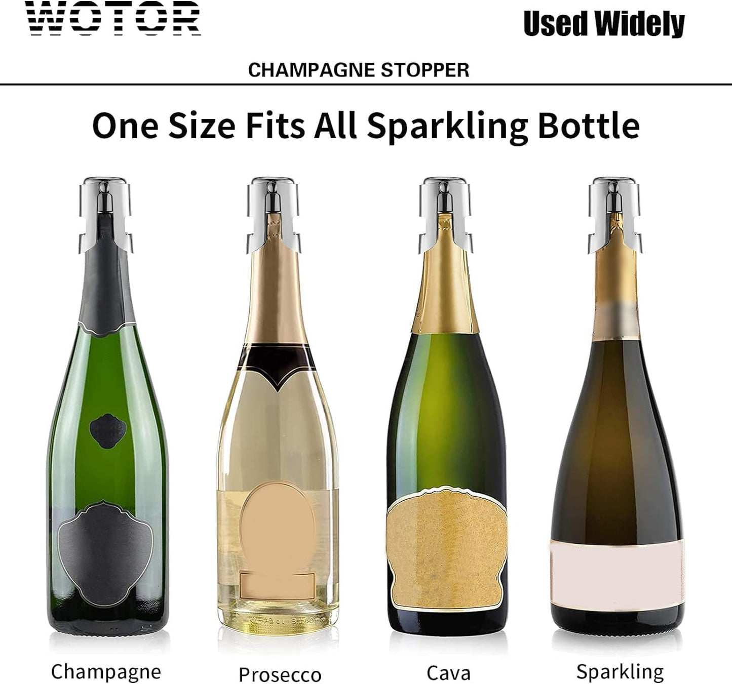WOTOR Stainless Steel Champagne Stoppers - Champagne Bottle Stoppers with Silicone Seal, Reusable Cork & Saver, Suitable for Prosecco & Sparkling Wine, Silver, 3 Pack