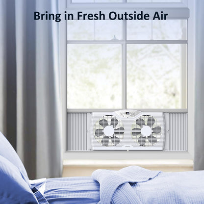 shinic Twin Window Fan, 9-Inch Blades Reversible Airflow, Thermostat Control, 3 Speeds, 23.8"-37" Expandable Width, Window Exchaust Fans for Home Bedroom, ETL Certified