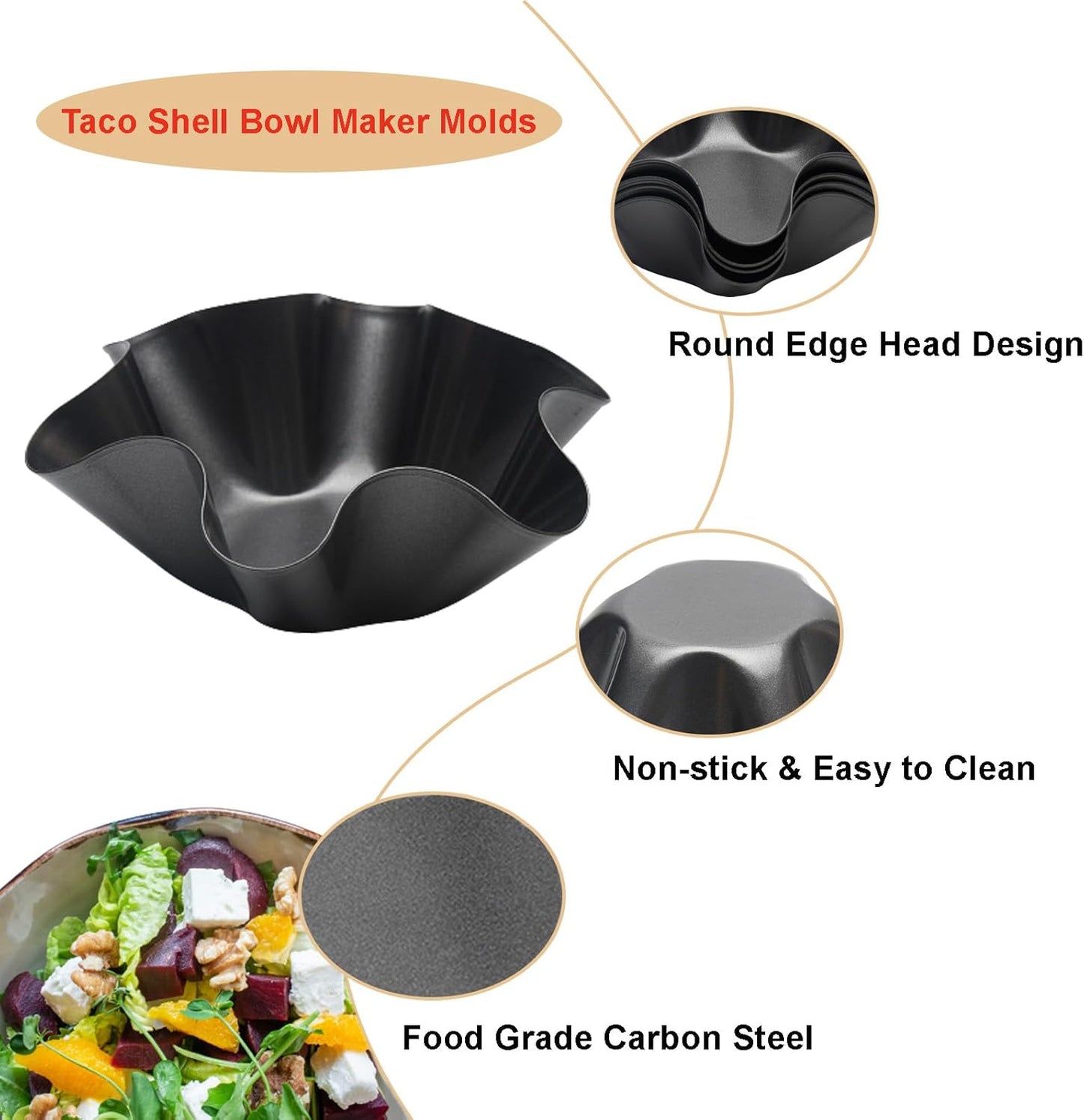 Skiennix Tortilla Pan Set - 4-Piece Non-Stick Carbon Steel Taco Shell Makers | Flower-Shaped Design (Black)