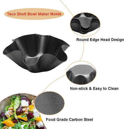 Skiennix Tortilla Pan Set - 4-Piece Non-Stick Carbon Steel Taco Shell Makers | Flower-Shaped Design (Black)