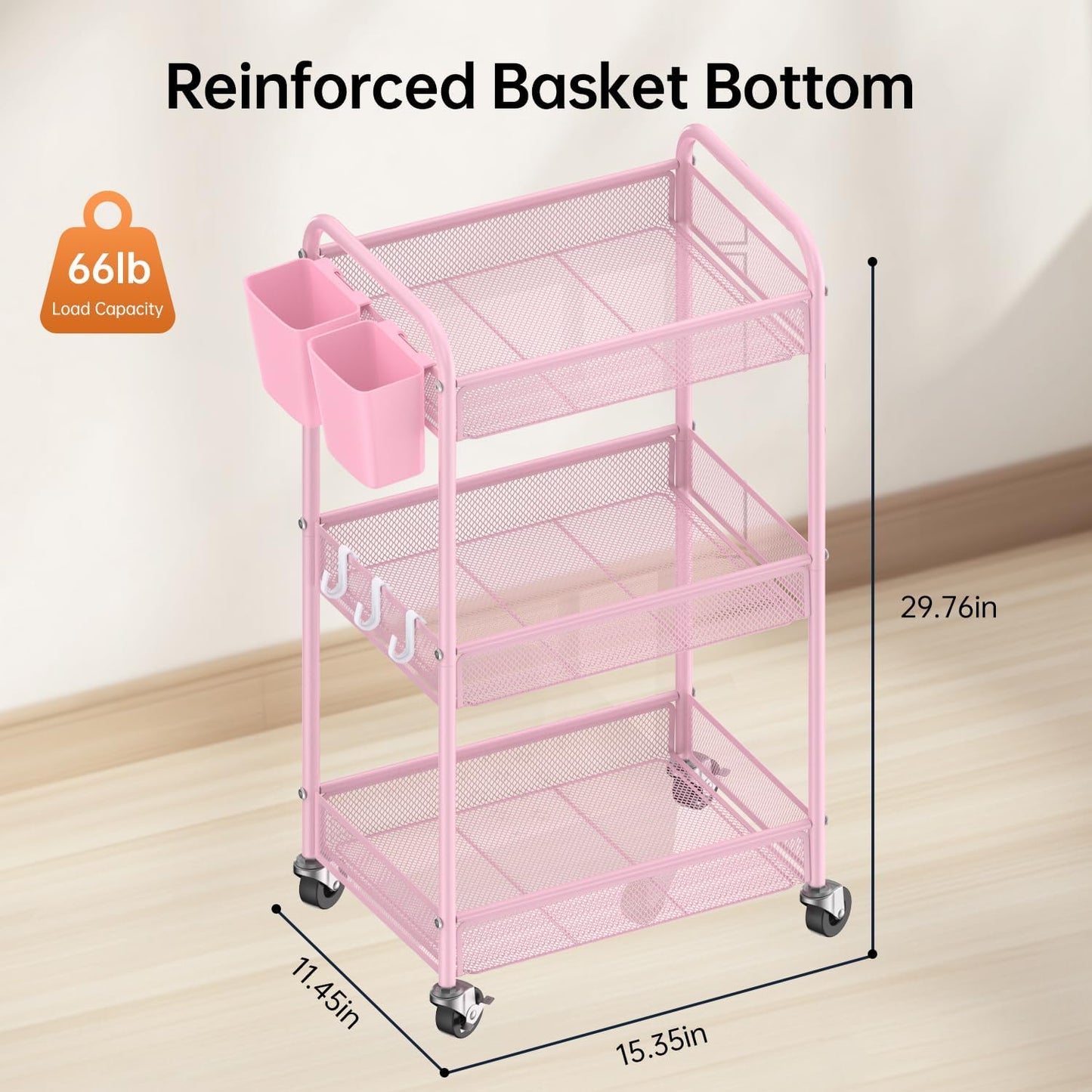YASONIC 3-Tier Rolling Cart - Metal Utility Storage Cart with Wheels & Hooks | Pink Craft Organizer