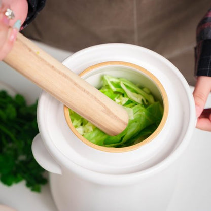 Fermentation Crock 3.8Liter/1 Gallon Stoneware Pot for Fermenting, Pickling Kimchi, Pickles, Vegetables, Kombucha - Glazed Fermenter with Stone Weights, Lid & Pickle Tamper-White Crock