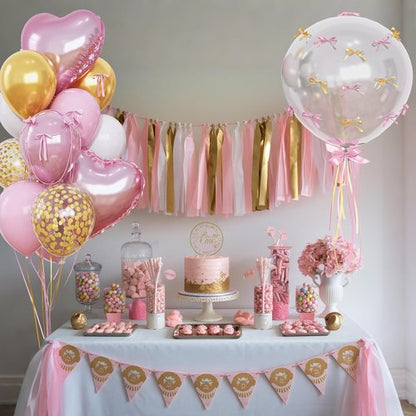 Heart Shape Balloons - Light Pink & Gold Mylar Balloons | 18-Inch Clear Balloon for Princess Birthday Decor