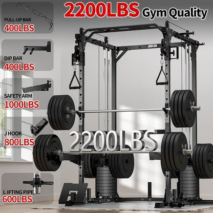 JEEKEE Power Cage - Heavy Duty 2200LB Rack with Cable Crossover & 180LB Weight Stack | 20+ Attachments for Home Gym