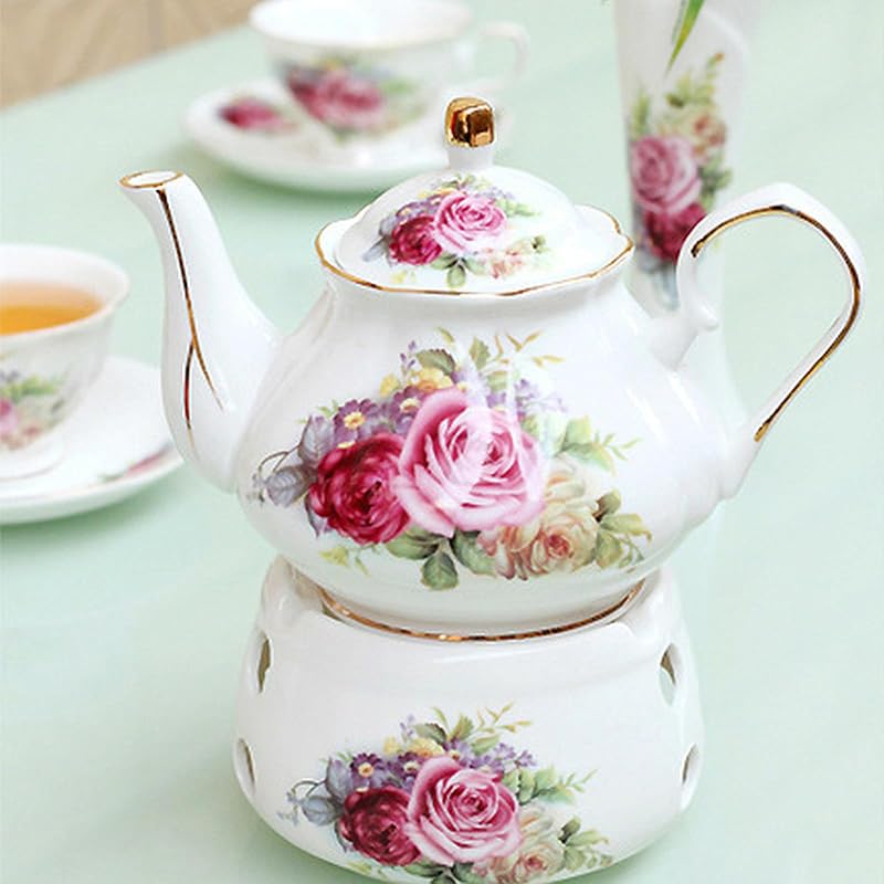 Noble Rose Ceramic Tea Set Gift by Scizorito – 29oz Teapot, 4 cups & Heater