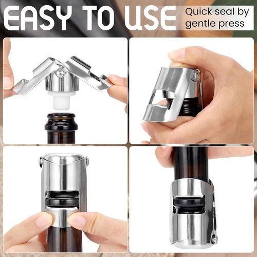 Champagne Stoppers Stainless Steel, Prosecco Sparkling Wine Bottle Stopper with Silicone Sealing Plug, Leak proof Keep Fresh Reusable Champagne Cork & Saver (Silver, 2 Pack)