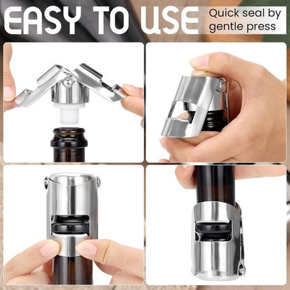 Champagne Stoppers Stainless Steel, Prosecco Sparkling Wine Bottle Stopper with Silicone Sealing Plug, Leak proof Keep Fresh Reusable Champagne Cork & Saver (Silver, 2 Pack)
