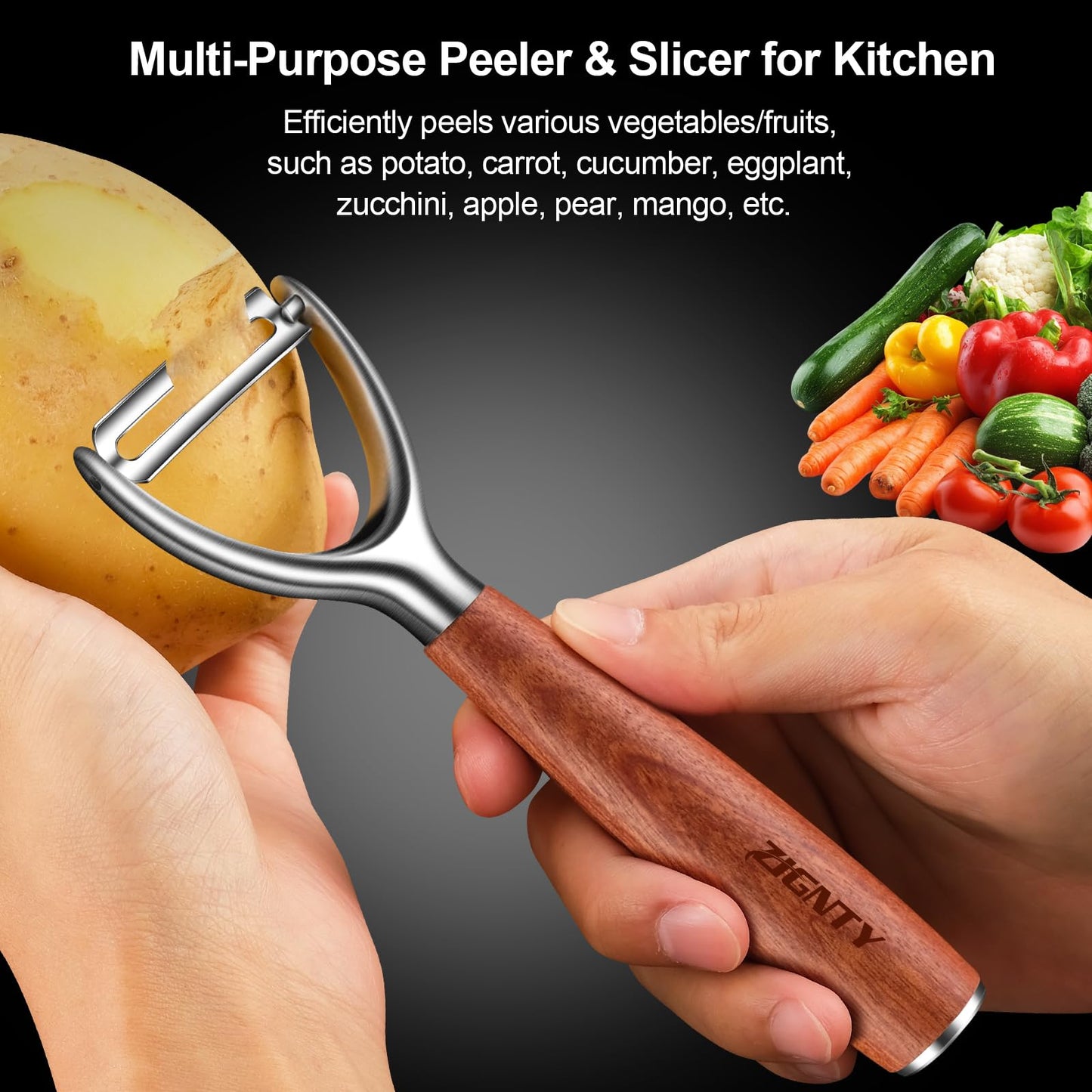 ZIGNTY Premium Vegetable Peeler Stainless Steel，Ultra Sharp Potato Peelers for Kitchen, Swivel Blade Veggie Fruit Peeler, Carrot Cucumber Peeler with Ergonomic Wood Handle Y Peeler（5 Years Warranty）