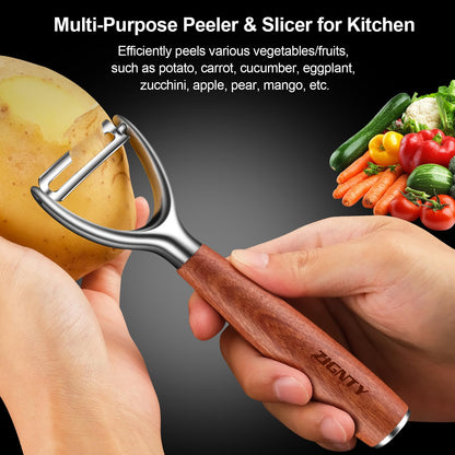 ZIGNTY Premium Vegetable Peeler Stainless Steel，Ultra Sharp Potato Peelers for Kitchen, Swivel Blade Veggie Fruit Peeler, Carrot Cucumber Peeler with Ergonomic Wood Handle Y Peeler（5 Years Warranty）