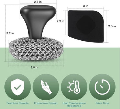 Cast Iron Scrubber - 316 Chainmail Cleaner for Pans & Skillets | Dishwasher Safe Cleaning Kit, Black