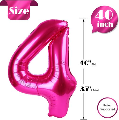 Hot Pink Number 4 Balloon - 40 Inch Giant Foil Balloon for 4th Birthday Party Decorations