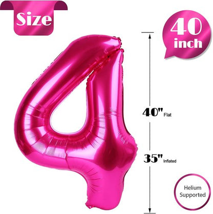 Hot Pink Number 4 Balloon - 40 Inch Giant Foil Balloon for 4th Birthday Party Decorations