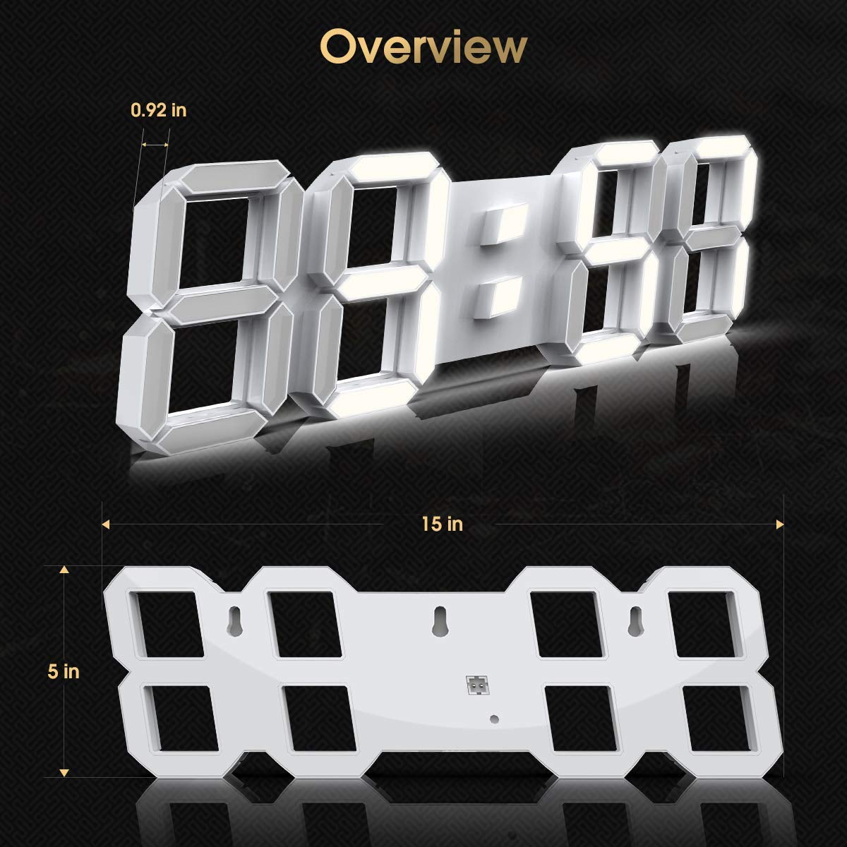 WISE TIGER EPSKY 3D White Digital Wall Clock LED Large Alarm Clock Adjustable Brightness 12/24 Hours Display and Date Display for Kitchen Homes Offices Gyms (15inch)