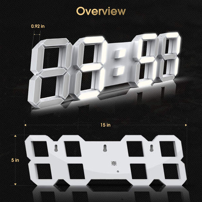 WISE TIGER EPSKY 3D White Digital Wall Clock LED Large Alarm Clock Adjustable Brightness 12/24 Hours Display and Date Display for Kitchen Homes Offices Gyms (15inch)