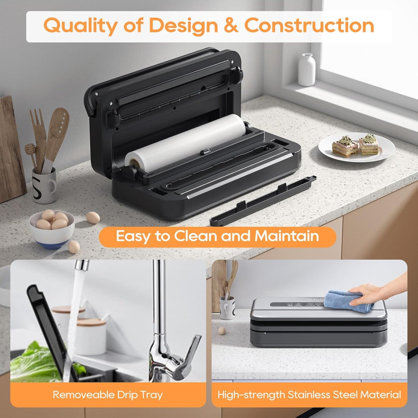 Skiennix Vacuum Sealer Machine - 90Kpa Food Preservation with Dry/Moist Modes & Built-in Cutter