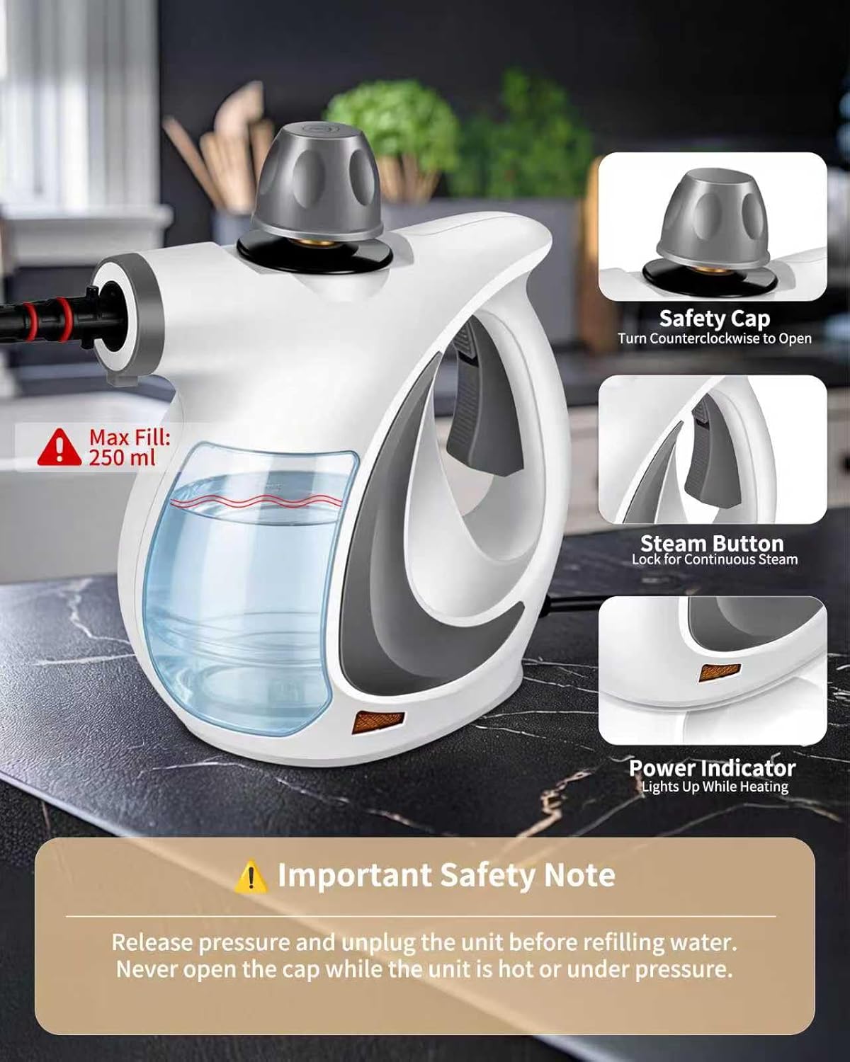 Skiennix Pressurized Handheld Steam Cleaner - Multi-Surface Deep Cleaning with 12 Accessories | Dark Gray