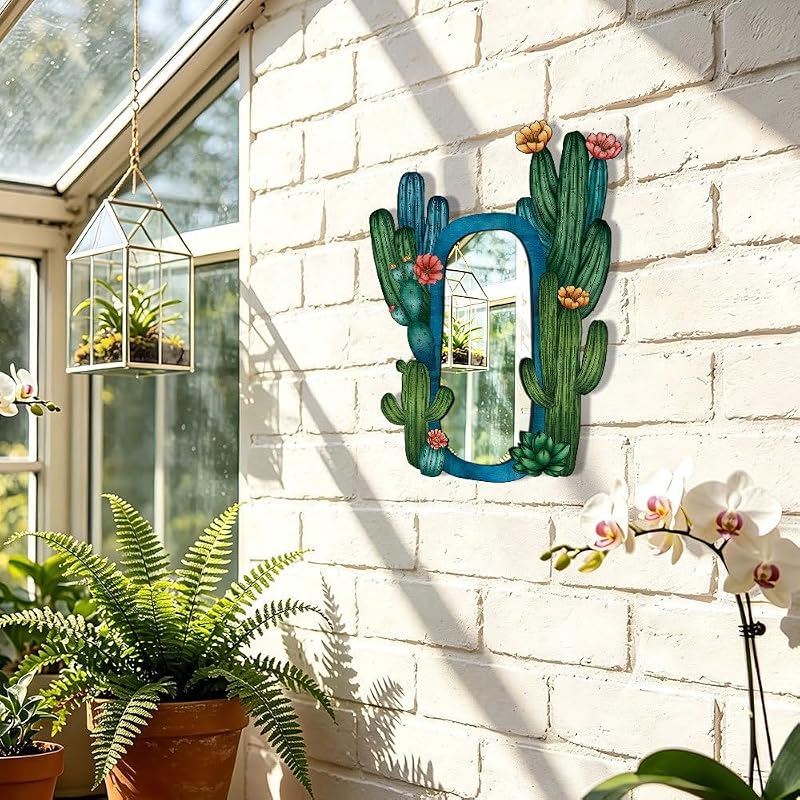 11.8in Wood Wall Mirror (Cactus) — Rustic Natural Wood Frame, Horizontal or Vertical Mount