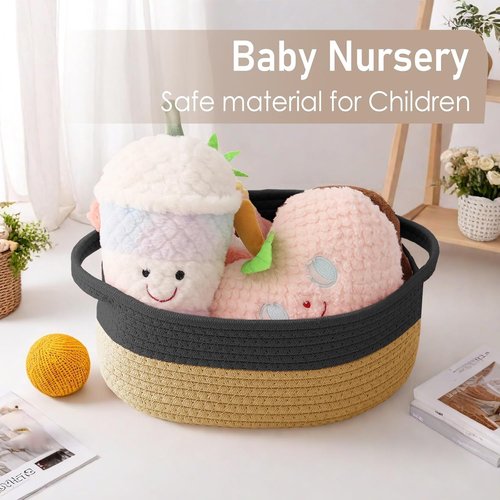 JMvicyroam Woven Basket - Small Rope Storage Bin with Handles for Organizing Shelves | Black & Jute, 2 Pack