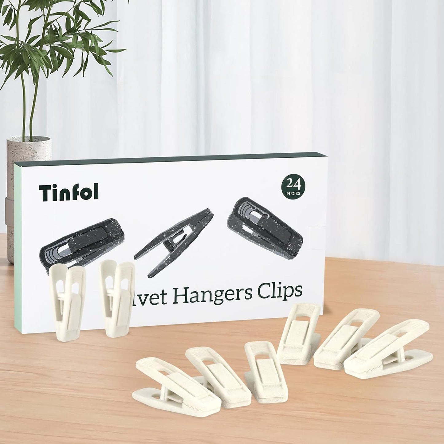 Tinfol Ivory Velvet Hanger Clips - 24 Pack Strong Flocked Clips for Slim-Line Clothes Hangers