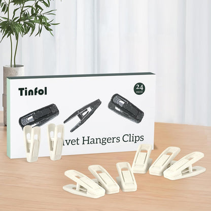 Tinfol Ivory Velvet Hanger Clips - 24 Pack Strong Flocked Clips for Slim-Line Clothes Hangers