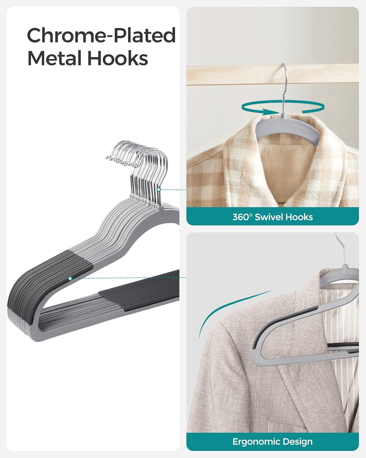 SONGMICS Plastic Coat Hangers - Space-Saving Design, Pack of 50 - Light Gray & Dark Gray