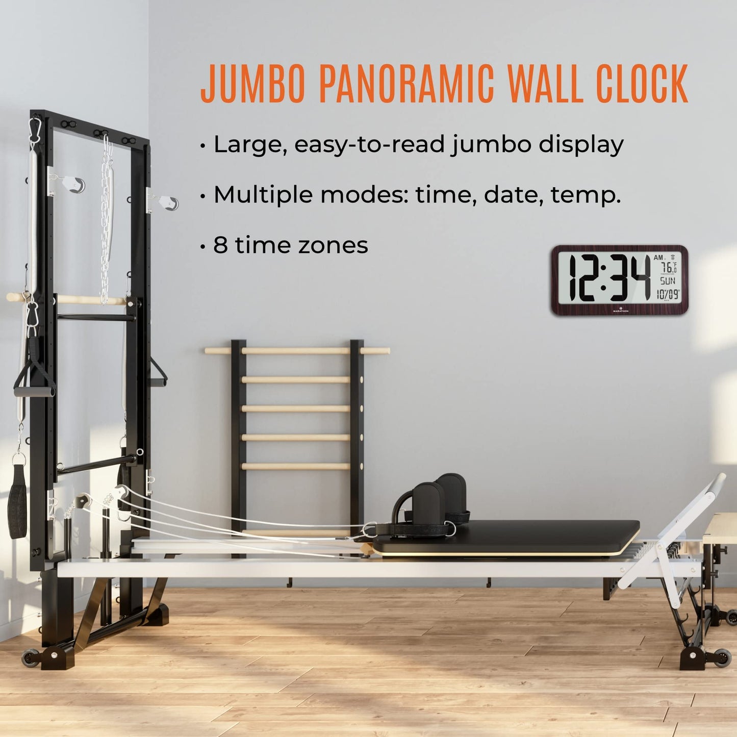 MARATHON Slim Jumbo Panoramic Atomic Wall Clock with Date & Temperature, Wood Grain - Large 17-Inch Display - AM/PM or 24-Hour Time Format, Eight Time Zones - Four AA Batteries Included