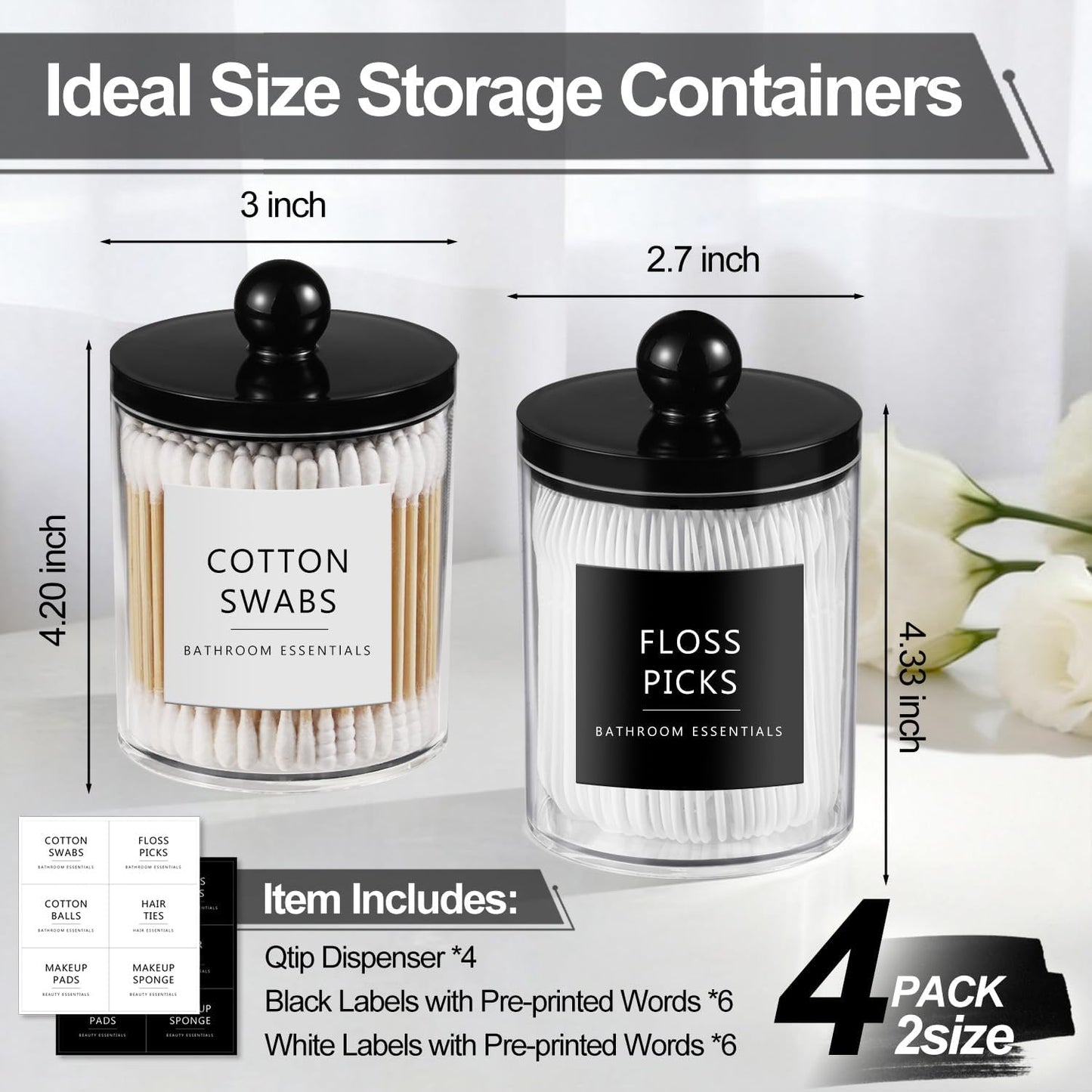 SheeChung Acrylic Qtip Holder Dispenser Set - Clear Bathroom Jars with Lids for Cotton Swabs & Pads | 10oz-12oz