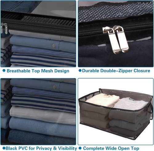 Fixwal Blanket Storage Bags - 80L Large Foldable Closet Organizers with Reinforced Handles | Black, PVC, 4 Pack