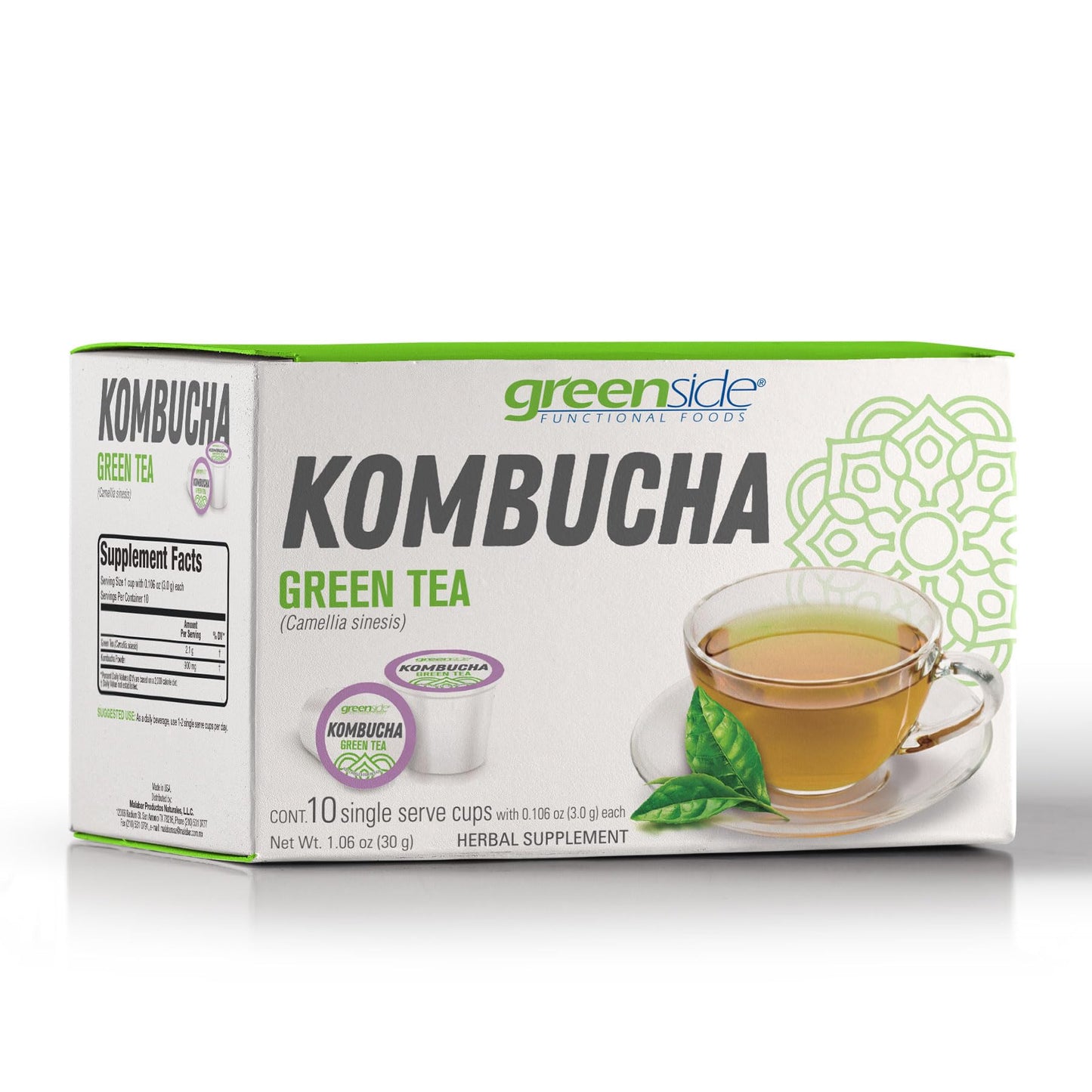 greenside Kombucha Green Tea – Herbal Antioxidant Probiotic - 10 Single Serve Cup - (0.106 oz/3 gram each)