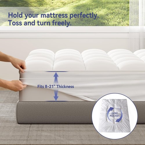 ELEMUSE Queen Mattress Topper - Extra Thick Plush Pillowtop for Back Pain Relief | Deep Pocket Design