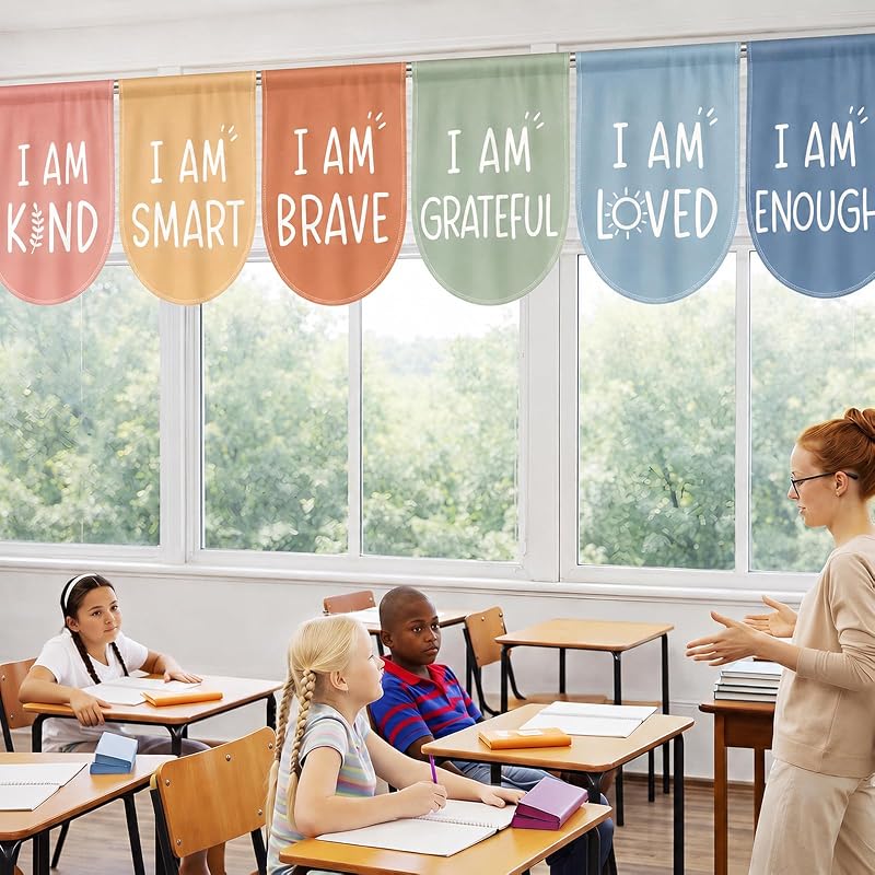 Boho Classroom Curtains 6-Piece Set 35 x 23 in - Positive I Am Affirmation