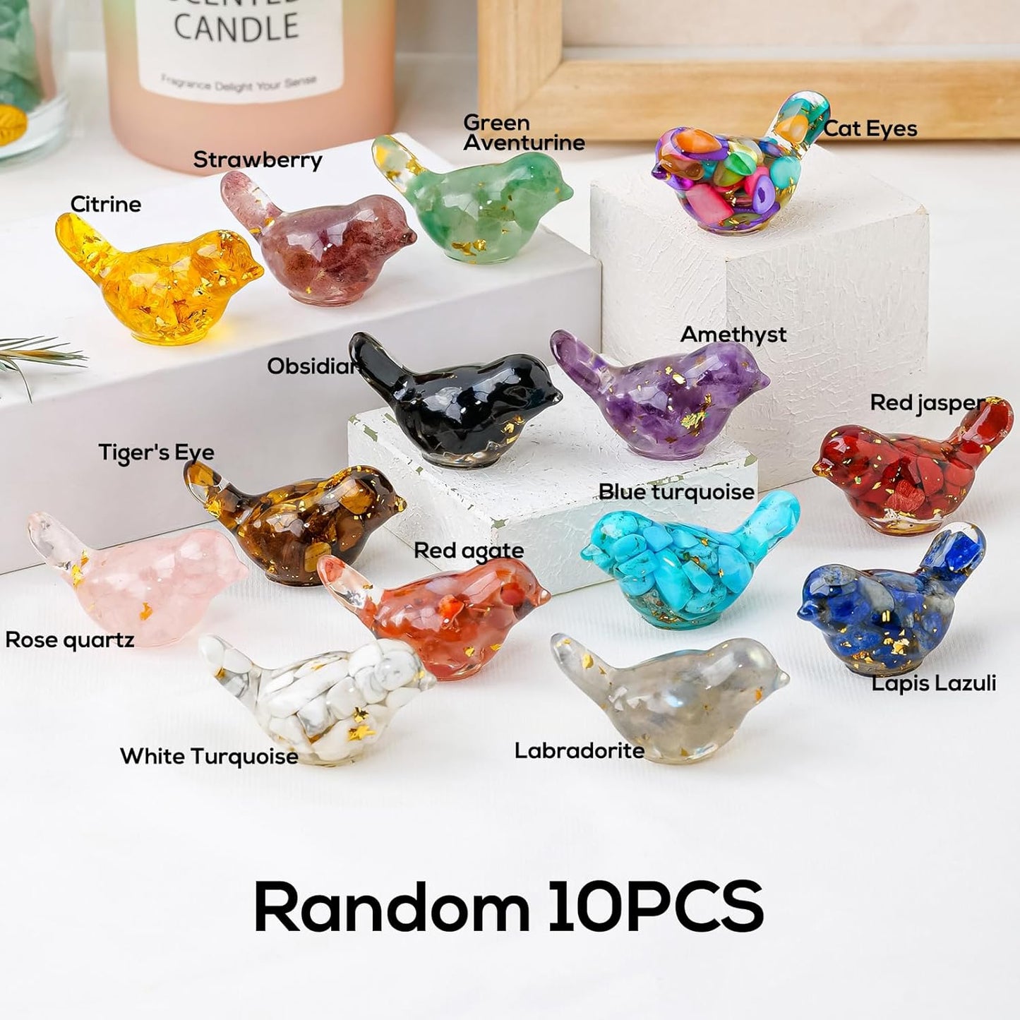 Skiennix Crystal Bird Figurines - Unique Resin Animal Statues for Home Decor | 10PCS Set
