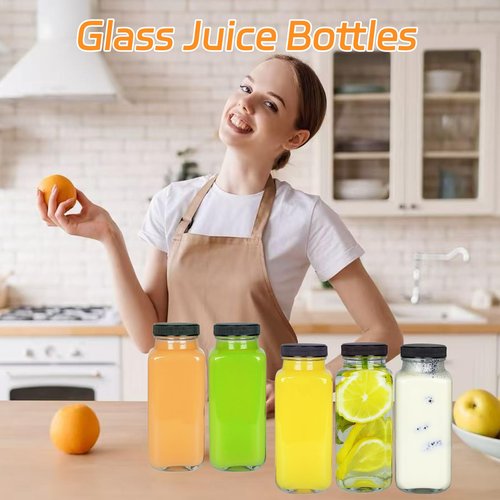 Dayify 12 Pack 8oz Glass Juice Bottles with Lids, 250ml Reusable Glass Juicing Bottles, Square Drinking Jars Drink Containers with Caps for Water, Milk, Ginger, Kombucha, Beverages
