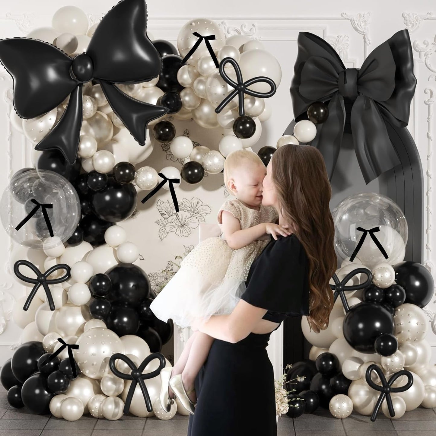 Skiennix Black Bow Birthday Decorations - 187-Piece Black and White Balloon Arch Kit with Pearl Balloons & Ribbons