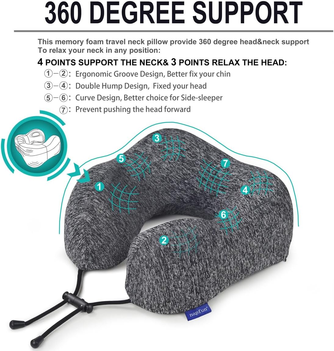 Napfun Travel Neck Pillow - Upgraded 100% Pure Memory Foam for Ultimate Comfort | Portable Grey Headrest