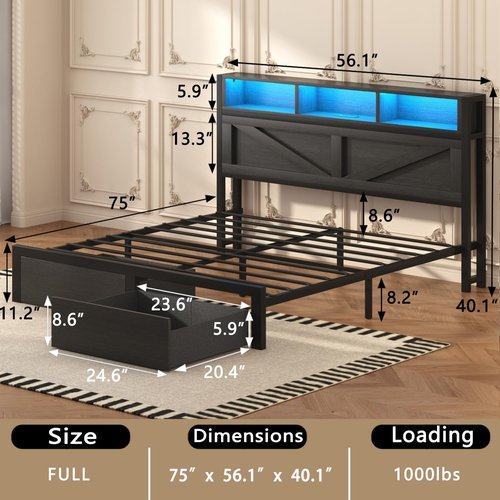 Incyneva Full Bed Frame - Farmhouse Design with Bookcase Storage, Charging Station & LED Light - Black