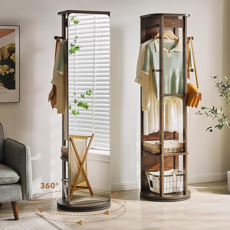 Full Length Mirror Coat Rack - 360° Rotating Standing Mirror with Storage (Variation: With Top)